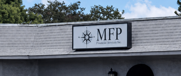 Exterior storefront sign reading MFP Financial Services Inc. with a compass rose logo
