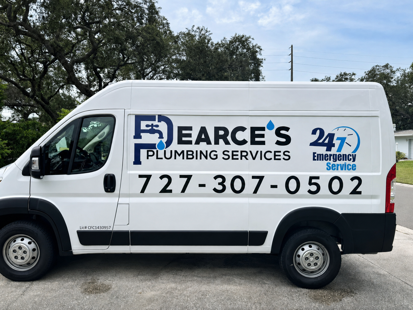 Pearce's Plumbing Services commercial van graphics with 24/7 Emergency Service and phone number 727-307-0502