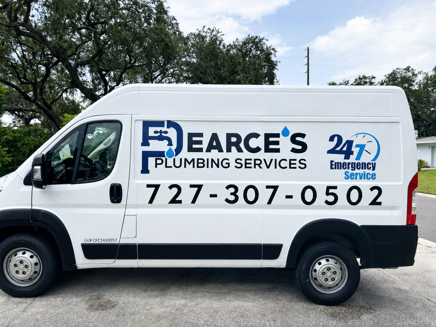 Alternate view of Pearce's Plumbing Services commercial van graphics and phone number 727-307-0502