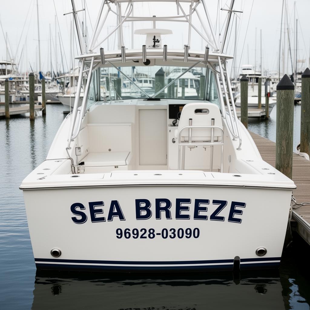 Boat transom with custom navy vinyl lettering reading Sea Breeze above registration numbers